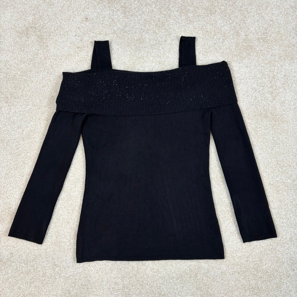 Cable & Gauge Black‎ Ribbed Rhinestone Cold Shoulder Long Sleeve Y2K Glam Sz S
